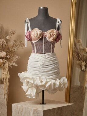 Luxury two piece Wedding Evening Cocktail Corset Bustier Top Skirt Flowers Dress